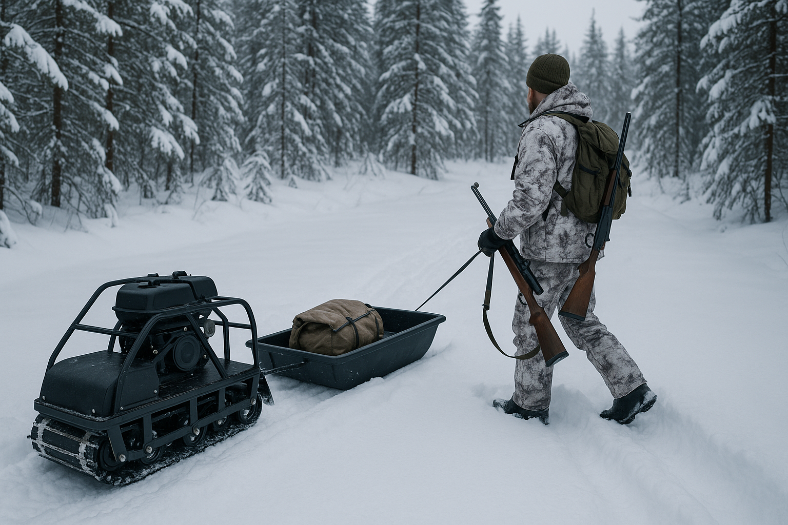 Зимняя охота с мотобуксировщиком: маршруты и советы